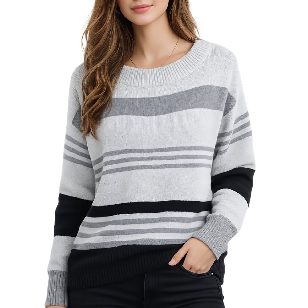Lucky Brand Gray Black Striped Sweater Sz M Wide Neck Cotton Acrylic Casual Cozy